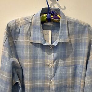 Billy Reid Light Blue/Cream Plaid Shirt, cotton/linen, lightweight, size XL